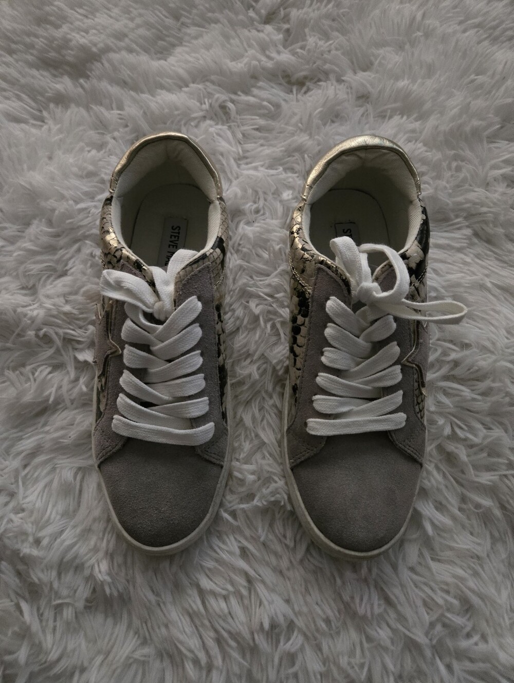 Steve Madden Gray Suede Sneakers with Gold Snake-Print Accents